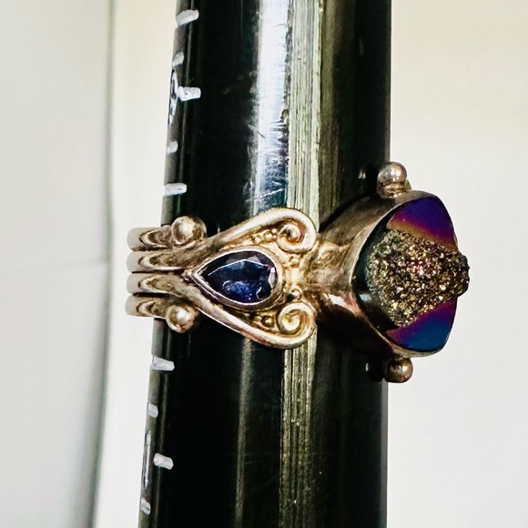 Druzy tanzanite ring adjustable gorgeous estate sterling silver - Picture 2 of 14